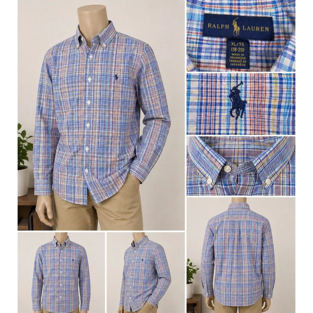 Ralph Lauren Mens XL 18-20 Blue Plaid Woven Cotton Button Front Shirt